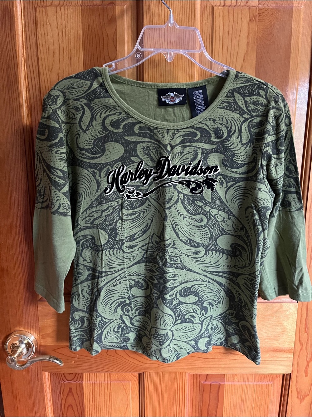 Harley-Davidson Olive Green Patterned 3/4 Sleeve Tee